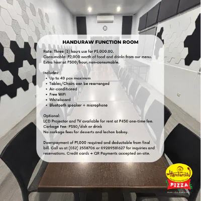 Function room rates and inclusions: ₱3,000 for 3 hours, ₱2,000 consumable, up to 40 guests